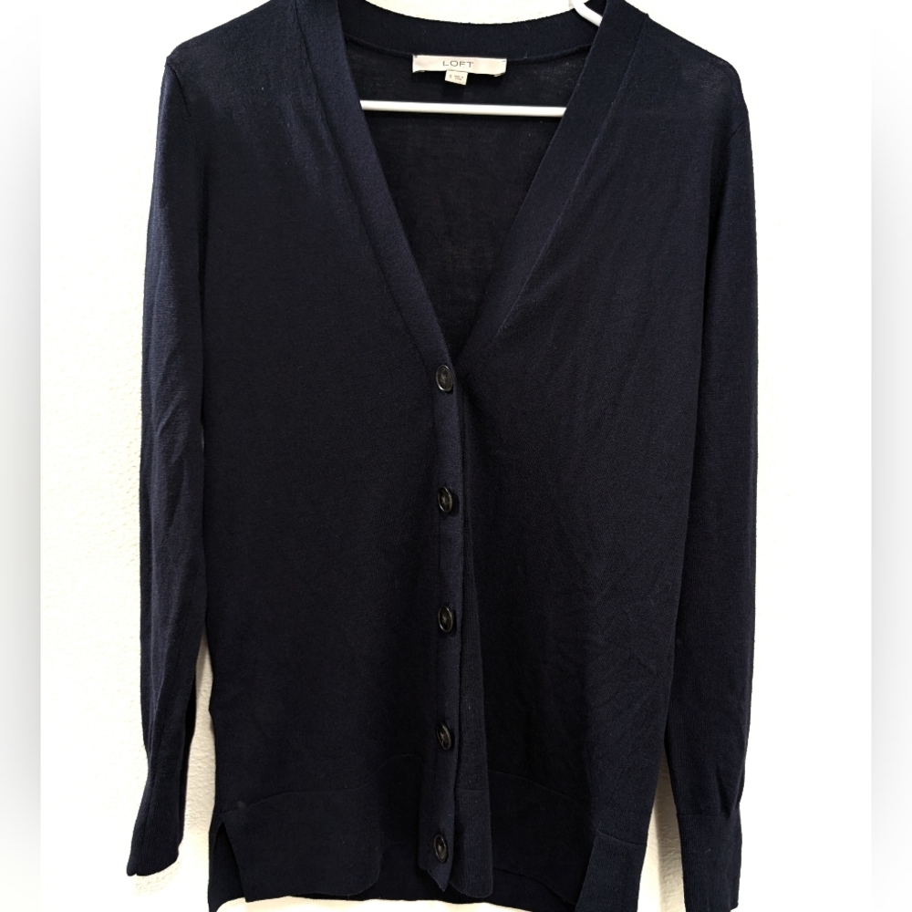 Loft Women's Cardigan Sweater Wool Blend Navy Blue Button Front V Neck‎